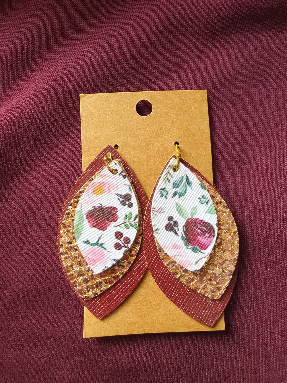 Floral Red Layered Teardrop Earrings - Unbranded